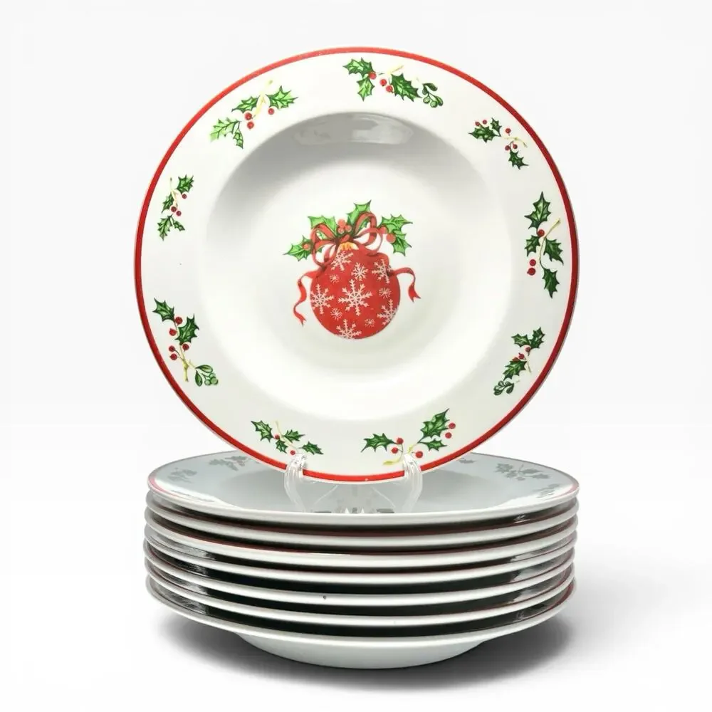 Christopher Radko “Holiday Celebrations, Red Trim” 8 Porcelain Rim Soup Bowls 9